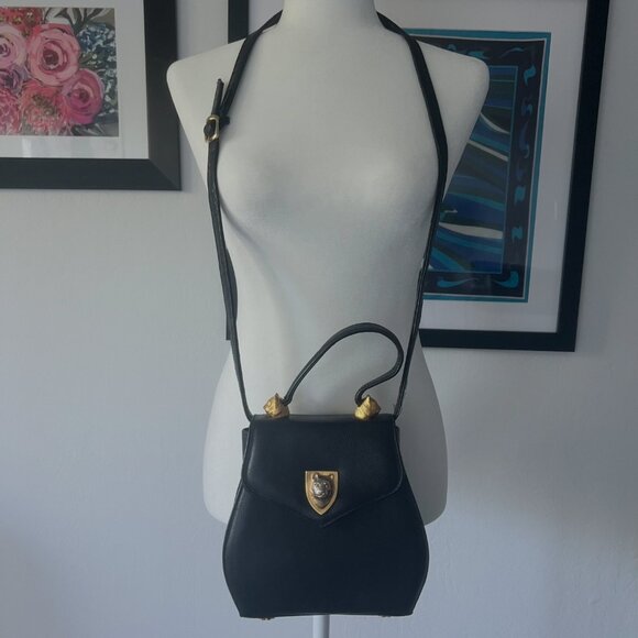 Vintage Black Leather Shoulder Bag with Gold Cat Accent Detail - Picture 9 of 11